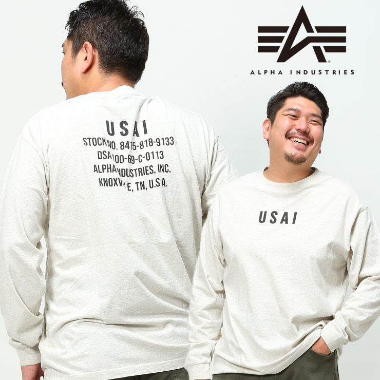 長袖 Tシャツ 大きいサイズ メンズ バックプリント クルーネック ロンT プリント オートミール 3L-5L ALPHA INDUSTRIES INC