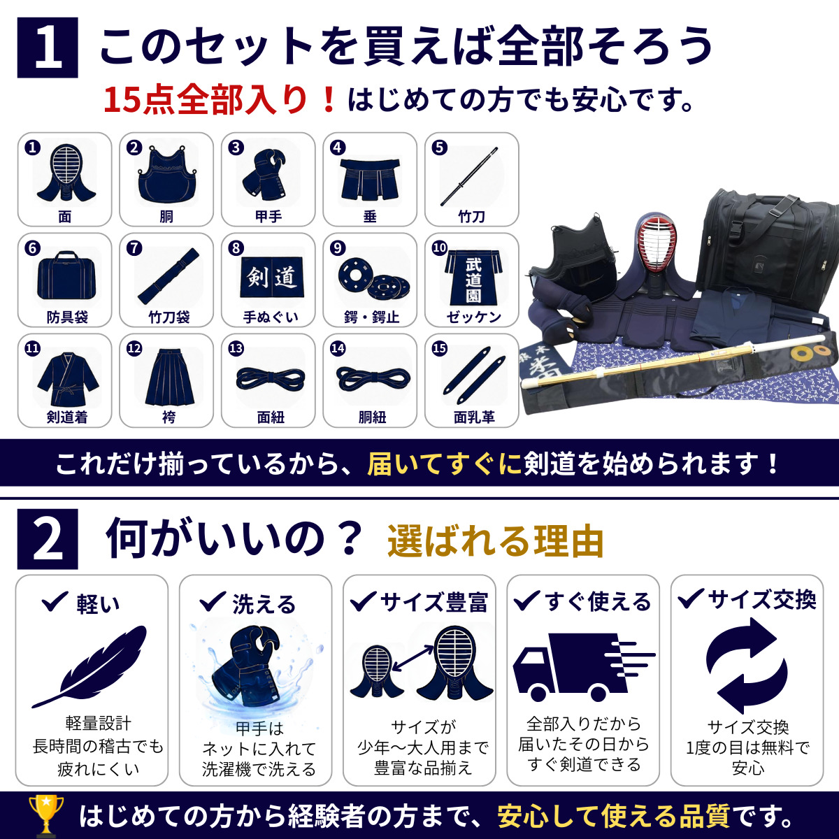 武道園PRO 剣道 防具セット マウスガード付属 15点セット 入門セット