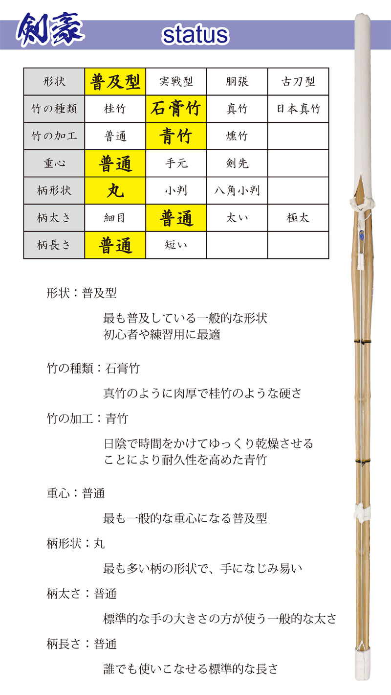 剣道 竹刀 37 38 SSP シール付 仕組完成品 青竹上製 (青)剣豪 中学生用