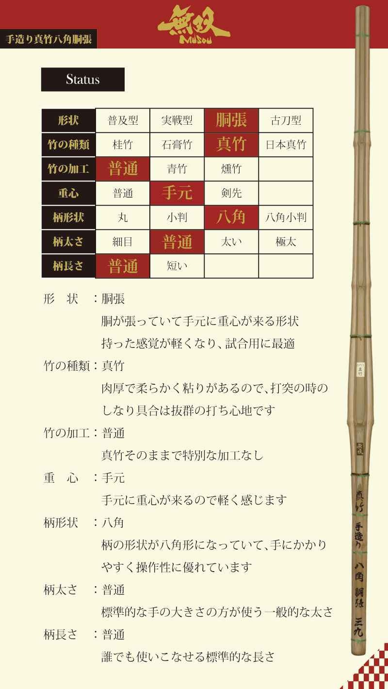 武道園 剣道 竹刀 39【無双】素彫 手造り真竹八角胴張 竹のみ 武道園 剣道 竹刀 39【無双】素彫 手造り真竹八角胴張 竹のみ
