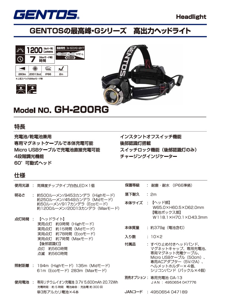 ジェントス (GENTOS) Gシリーズ 超高出力ヘッドライトハイブリッド GH-200RG｜buhinyasan｜02