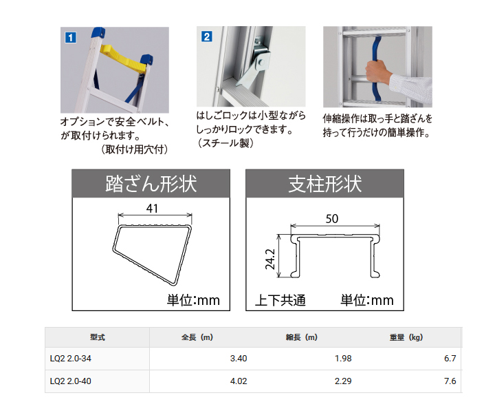 直送品】 長谷川工業 ハセガワ 2連はしご LQ2 2.0-34 (16902) プッシュ