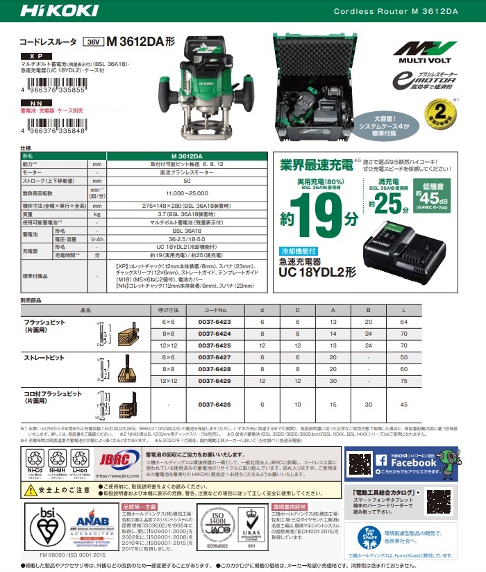 HiKOKI 36V コードレスルータ M3612DA (NN) (57802094) (蓄電池・充電