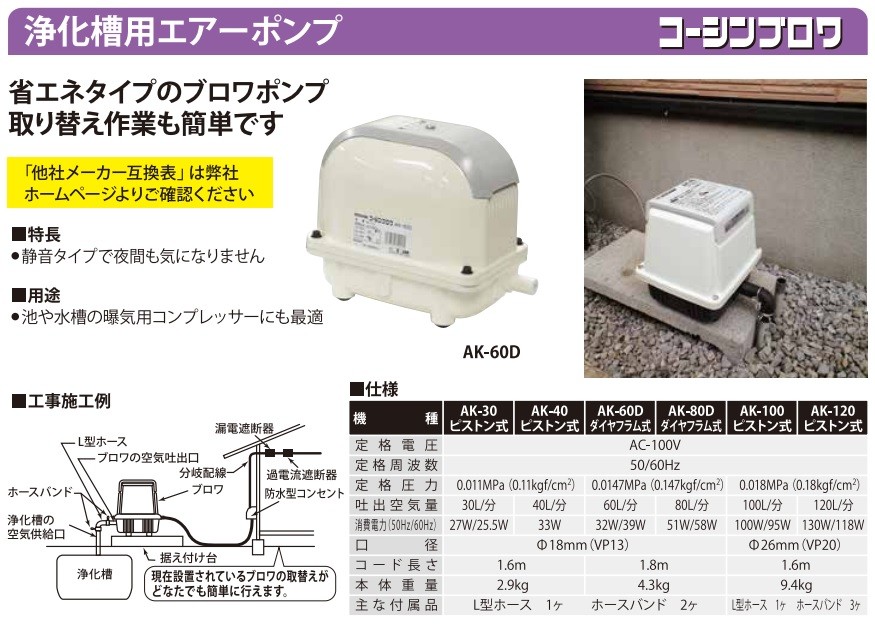 【直送品】 工進 浄化槽用エアーポンプ コーシンブロワポンプ AK-100｜buhinyasan｜02