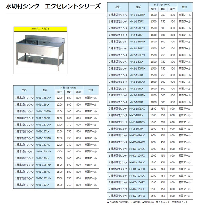 【直送品】 マルゼン 一槽水切シンク(バックガードあり) MMK1-094LX 【送料別】の画像