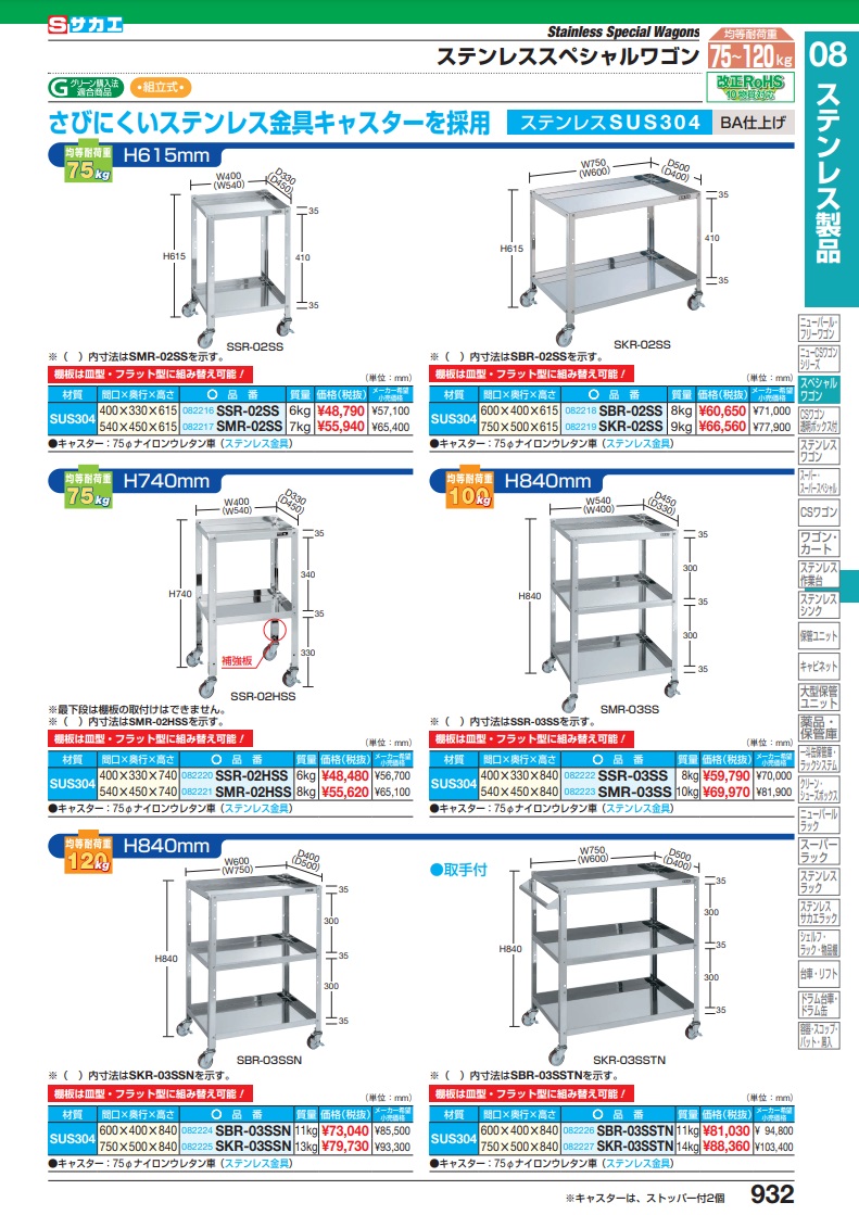 直送品】 サカエ ステンレススペシャルワゴン（ＳＵＳ３０４） SKR