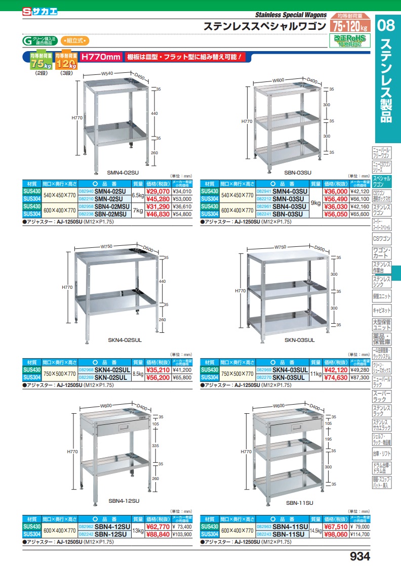 直送品】 サカエ ステンレススペシャルワゴン（固定式・ＳＵＳ３０４