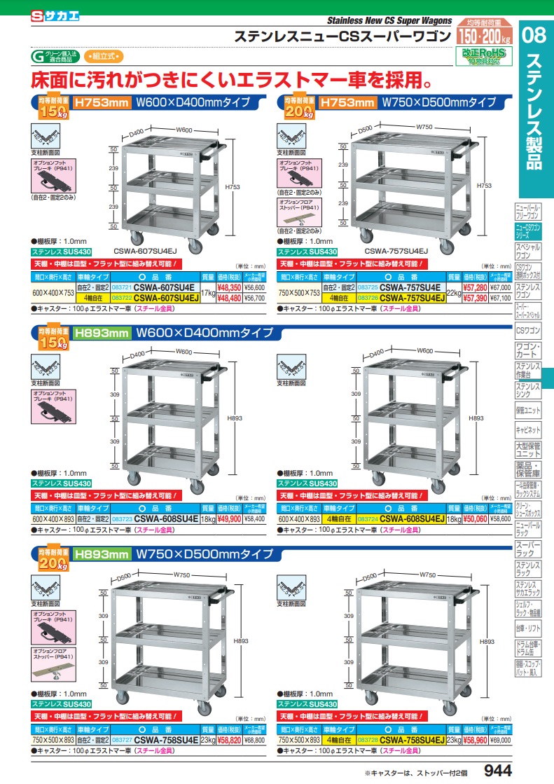 直送品】 サカエ ステンレスニューＣＳスーパーワゴン（エラストマ・自