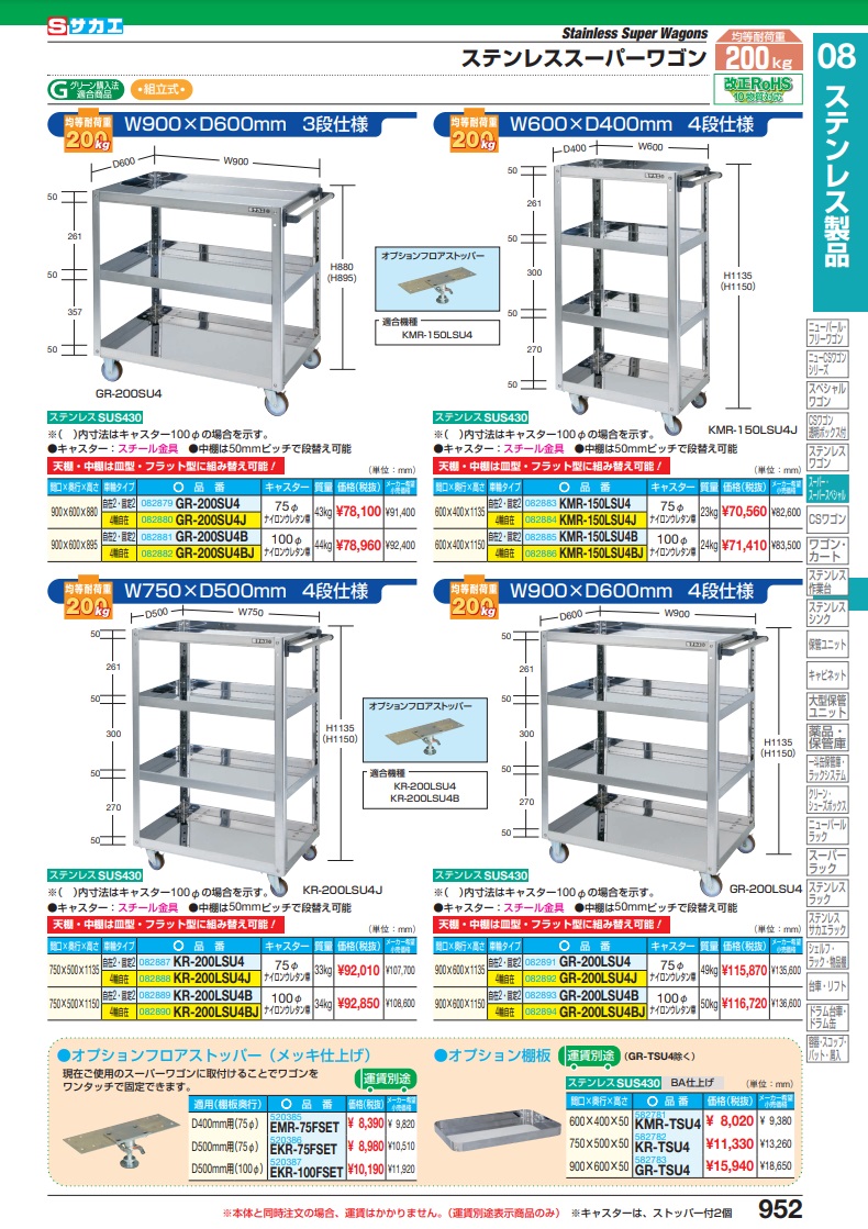 直送品】 サカエ ステンレススーパーワゴン（ナイロンウレタン車・自在