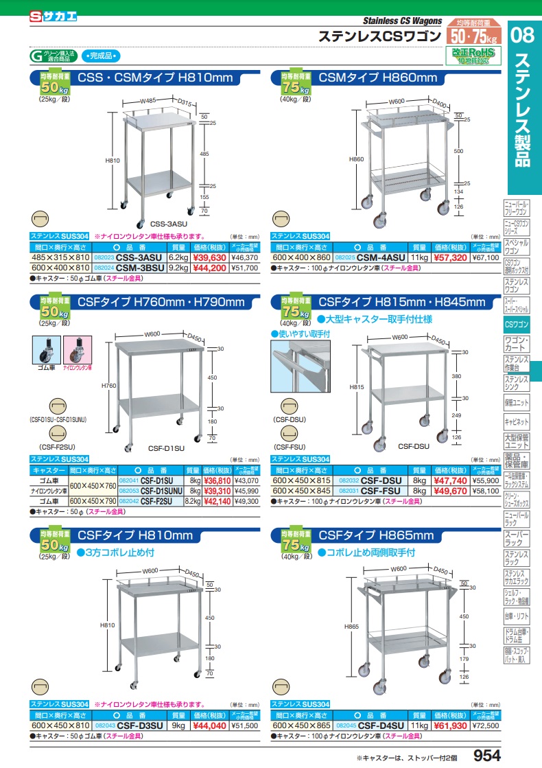 直送品】 サカエ ステンレスＣＳワゴン（取手付・ＳＵＳ３０４） CSF