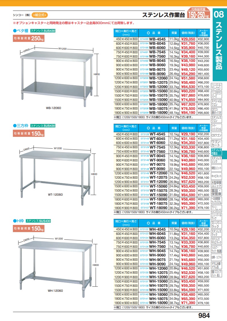 直送品】 サカエ ステンレス作業台（Ｈ枠） WH-9045 (073127) 【特大