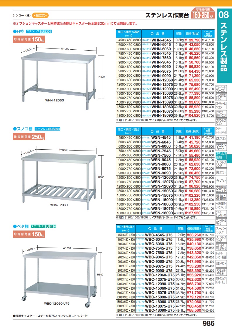 直送品】 サカエ ステンレス作業台（Ｈ枠） WHN-15090 (074473) 【特大