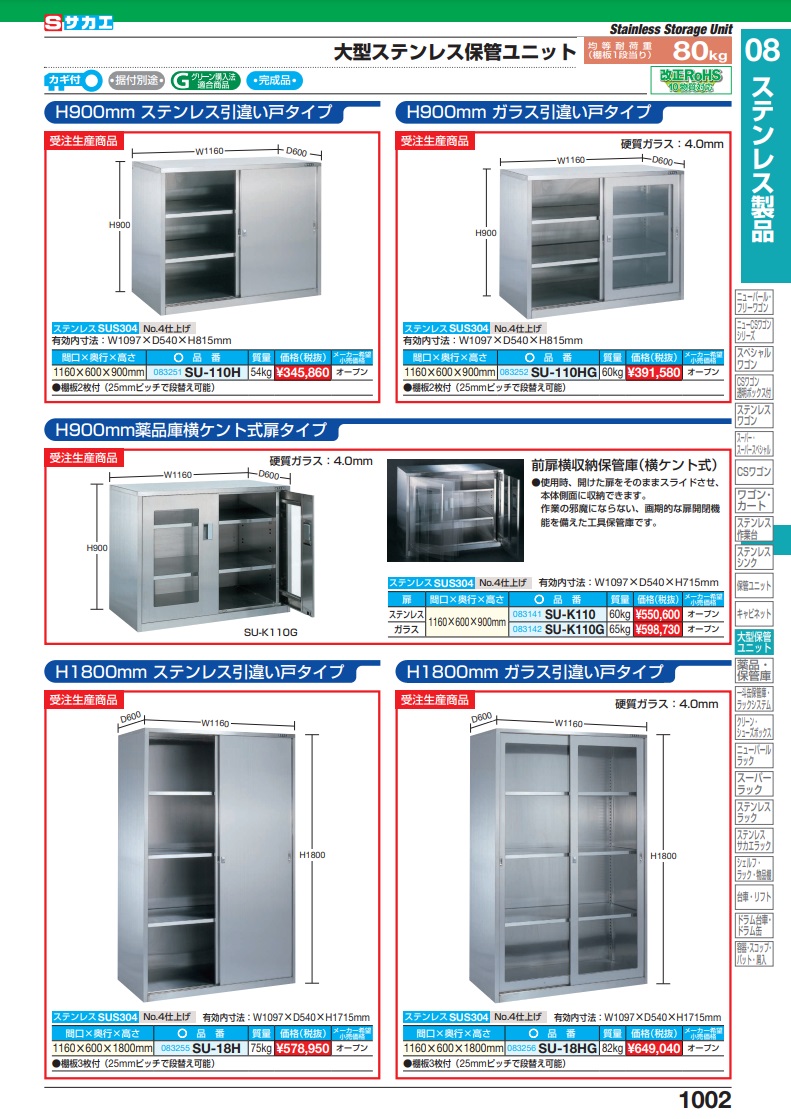 直送品】 サカエ 大型ステンレス保管ユニット（ガラス引違い戸タイプ