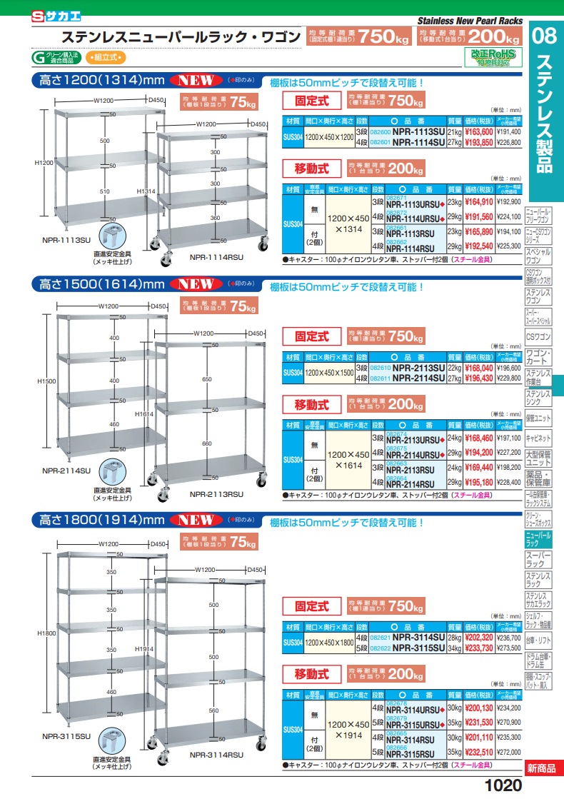 直送品】 サカエ ステンレスニューパールラックワゴン（移動式