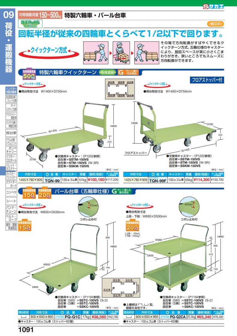 直送品】 サカエ パール台車（五輪車仕様） PQ-G1C (210702) 【大型