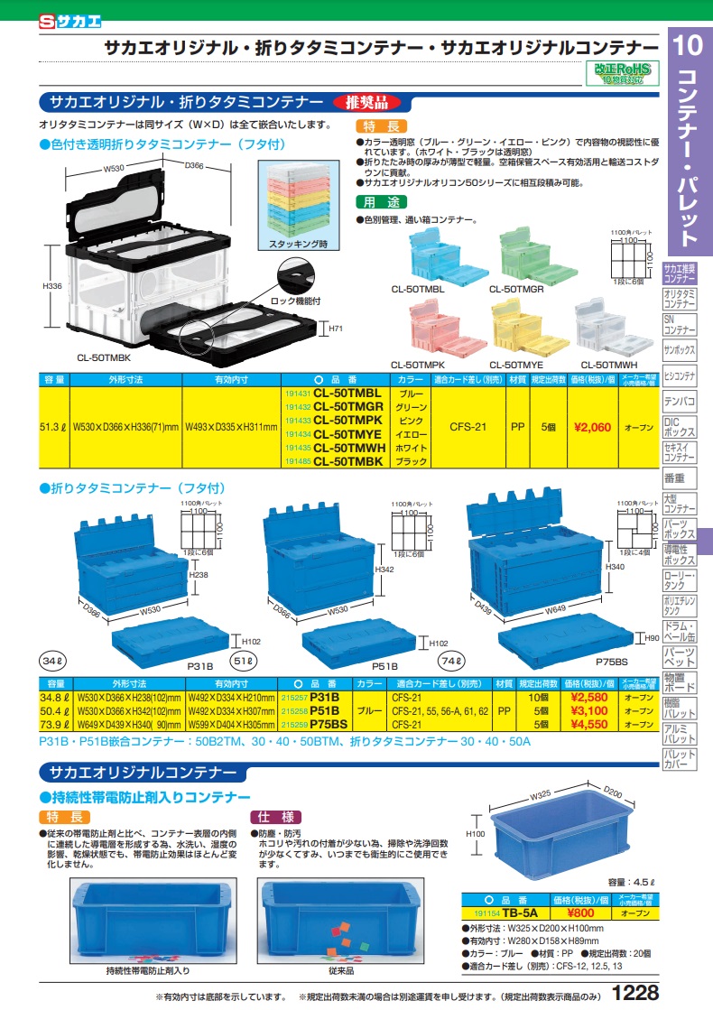 直送品】 サカエ サカエオリジナル色付き透明折りたたみコンテナー CL