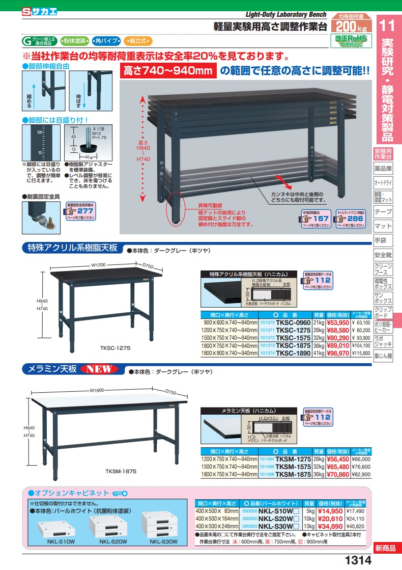 直送品】 サカエ 軽量実験用高さ調整作業台ＴＫＳＣタイプ TKSC-1575