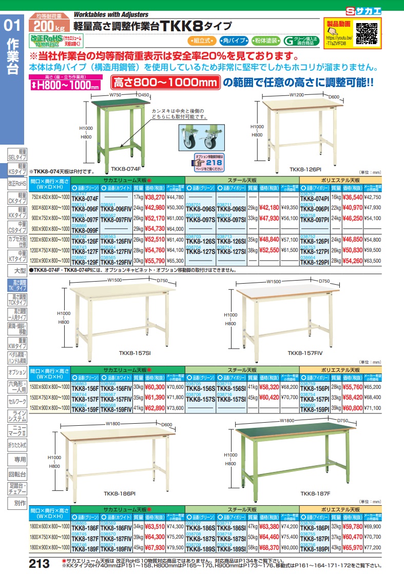 直送品】 サカエ 軽量高さ調整作業台ＴＫＫ８タイプ TKK8-186SI