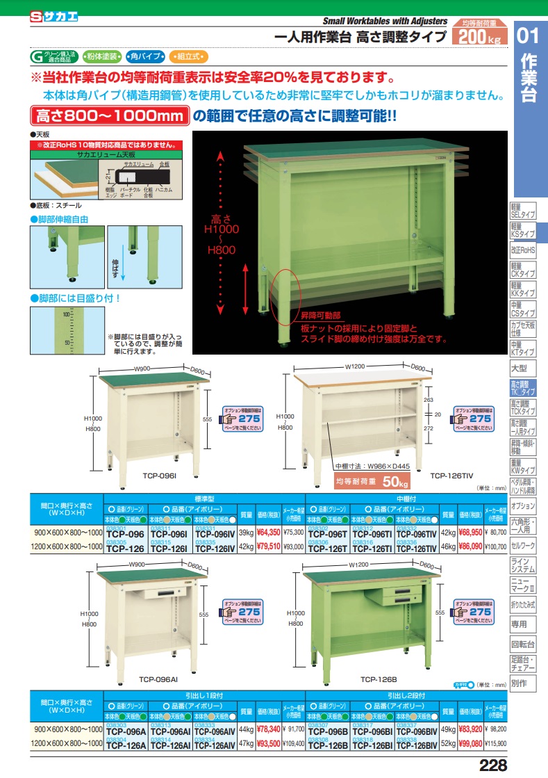 直送品】 サカエ 一人用作業台（高さ調整タイプ） TCP-096TI (038312