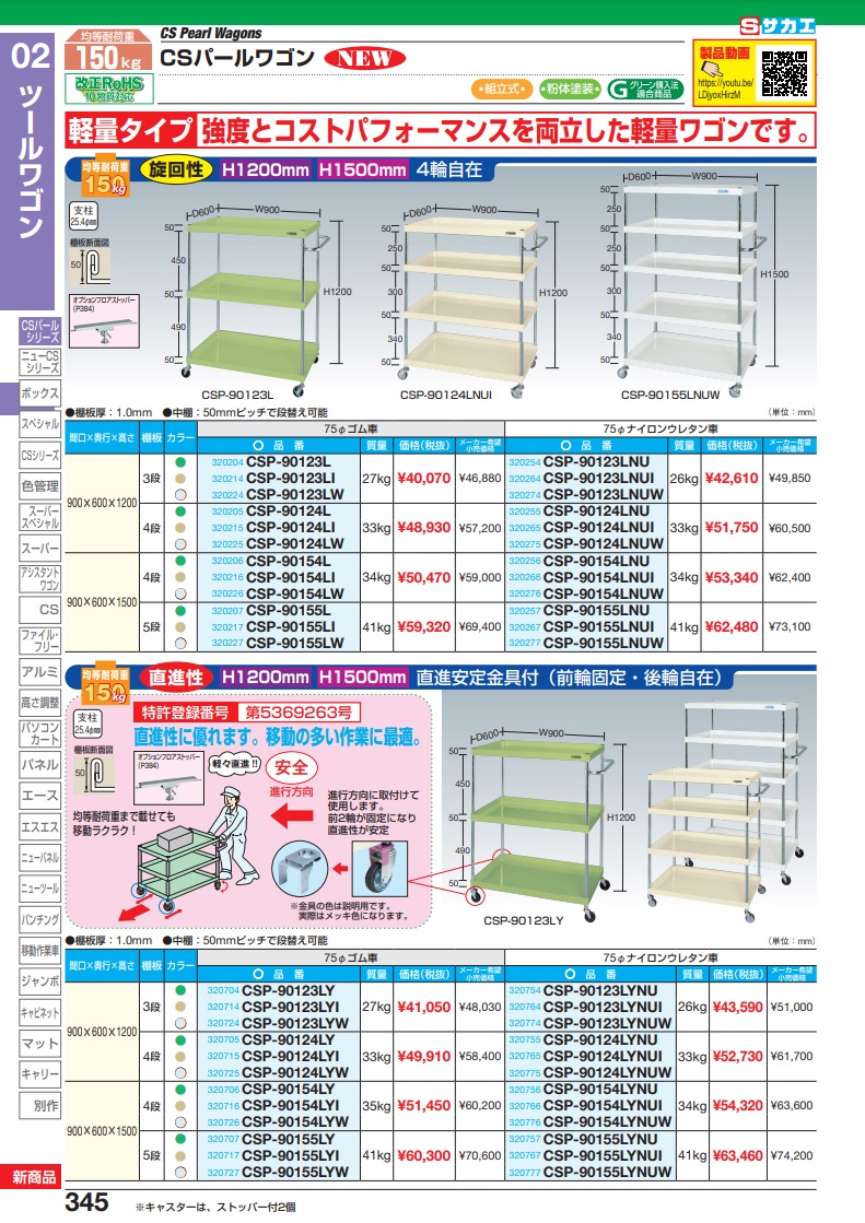 直送品】 サカエ ＣＳパールワゴン（軽量タイプ） CSP-90124LW (320225