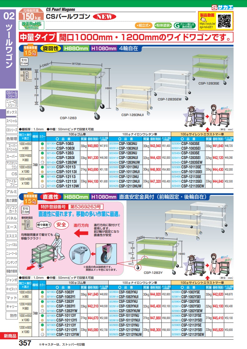 直送品】 サカエ ＣＳパールワゴン（中量タイプ・直進安定金具付） CSP