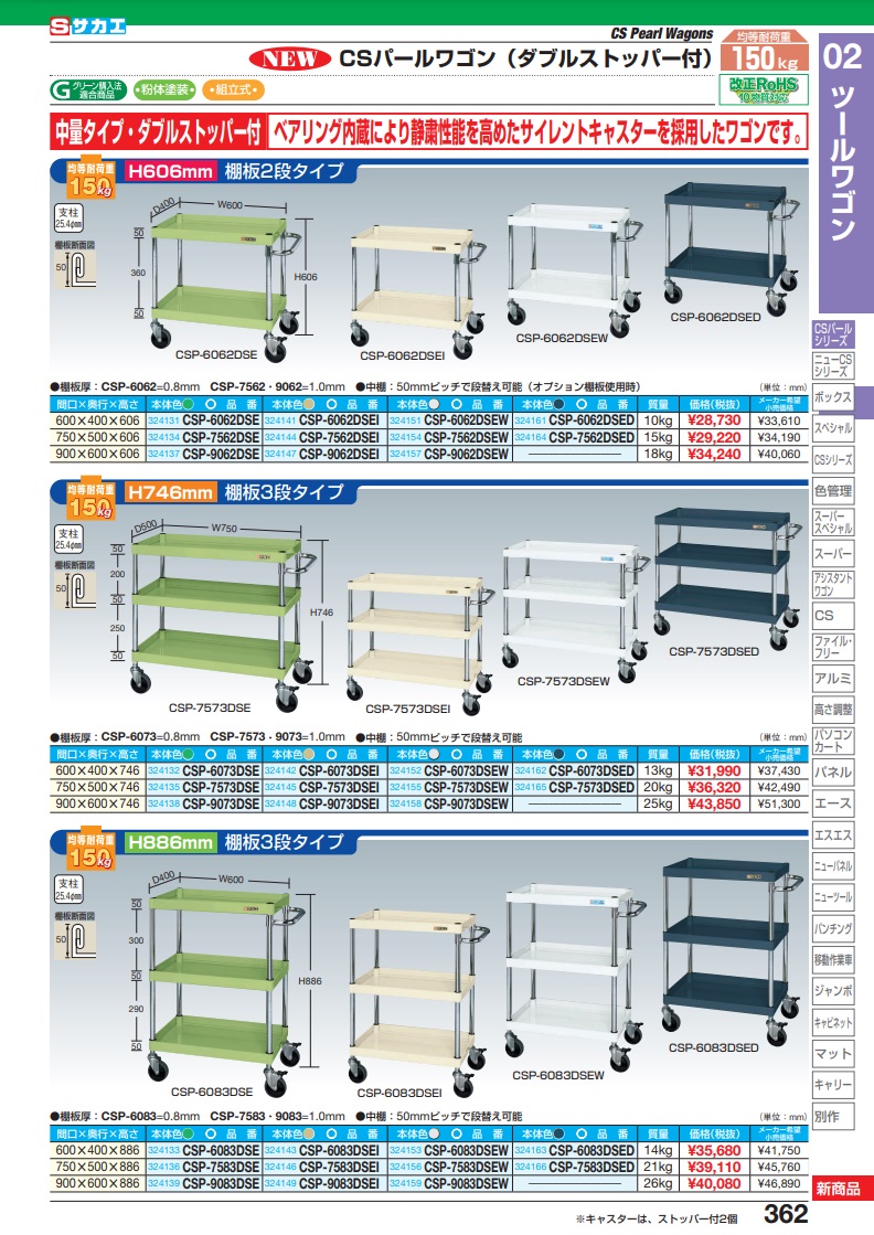 【返品?交換対象商品】 【直送品】 サカエ ＣＳパールワゴン（中量タイプ・ダブルストッパー仕様） CSP-9083DSEW (324159) 【大型】