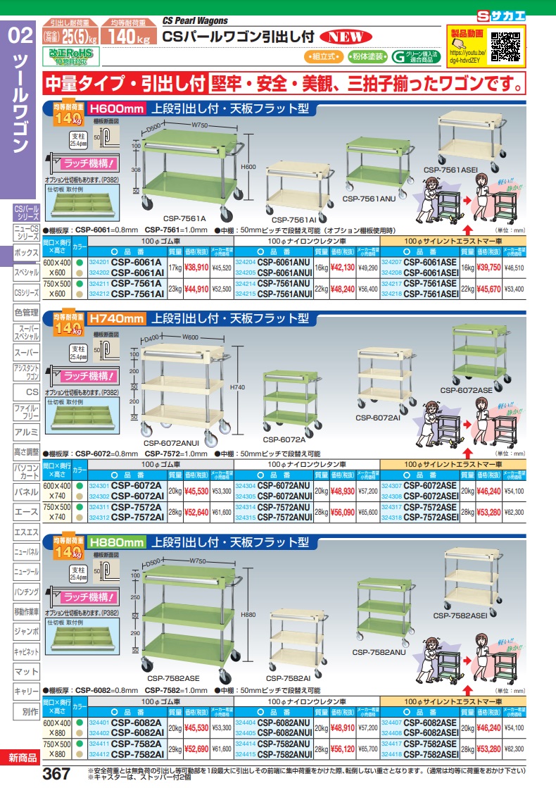 直送品】 サカエ ＣＳパールワゴン（中量タイプ・引出し付） CSP