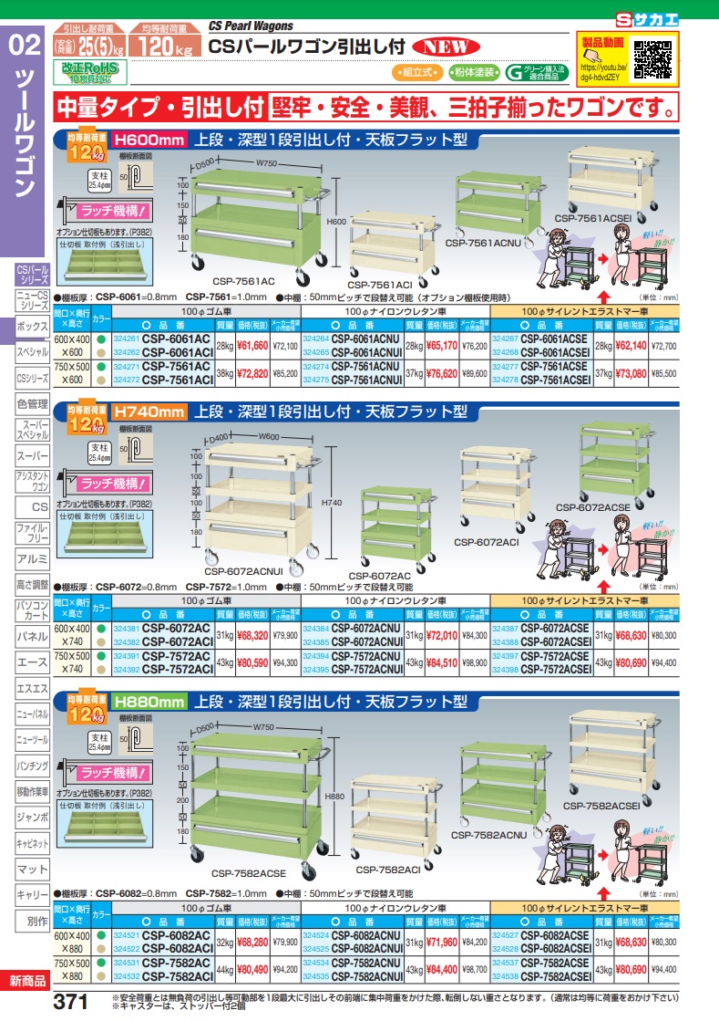 直送品】 サカエ ＣＳパールワゴン（中量タイプ・引出し付） CSP