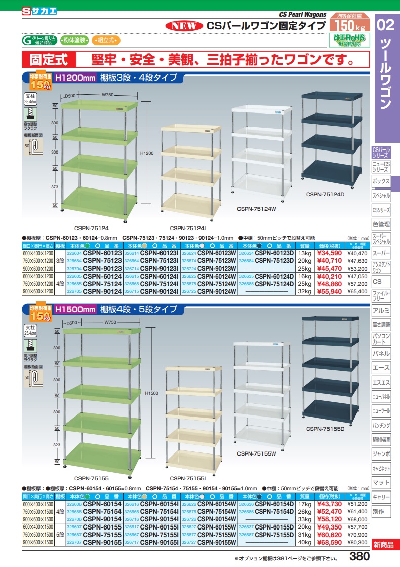直送品】 サカエ ＣＳパールワゴン（固定タイプ） CSPN-60155W (326627