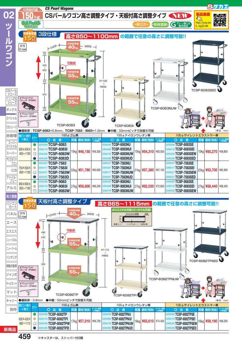 直送品】 サカエ ＣＳパールワゴン（高さ調整タイプ） TCSP-7583NUD