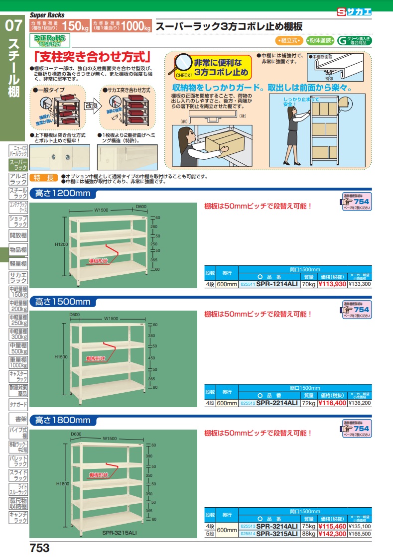 直送品】 サカエ スーパラック３方コボレ止め棚板仕様（固定式） SPR