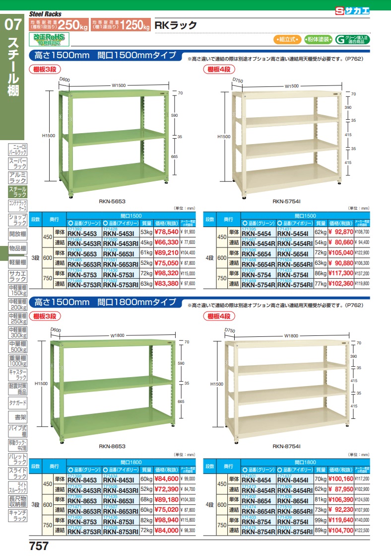 直送品】 サカエ ＲＫラック（単体・均等耐荷重：２５０ＫＧ／段・４段