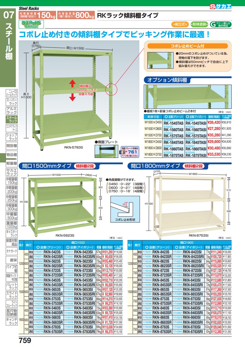 直送品】 サカエ ＲＫラック傾斜棚タイプ（連結） RKN-8683SR (174288