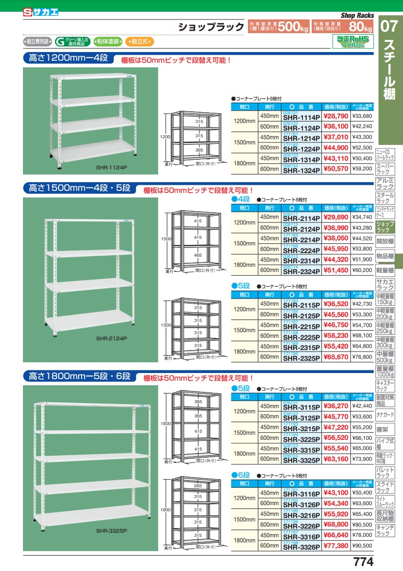 直送品】 サカエ ショップラック（均等耐荷重：８０ＫＧ／段・６段