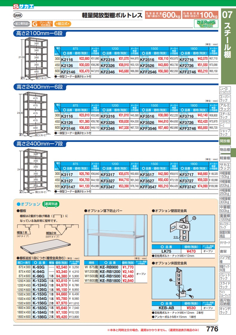 直送品】 サカエ 軽量開放型棚ボルトレス用オプション落下防止バー KE