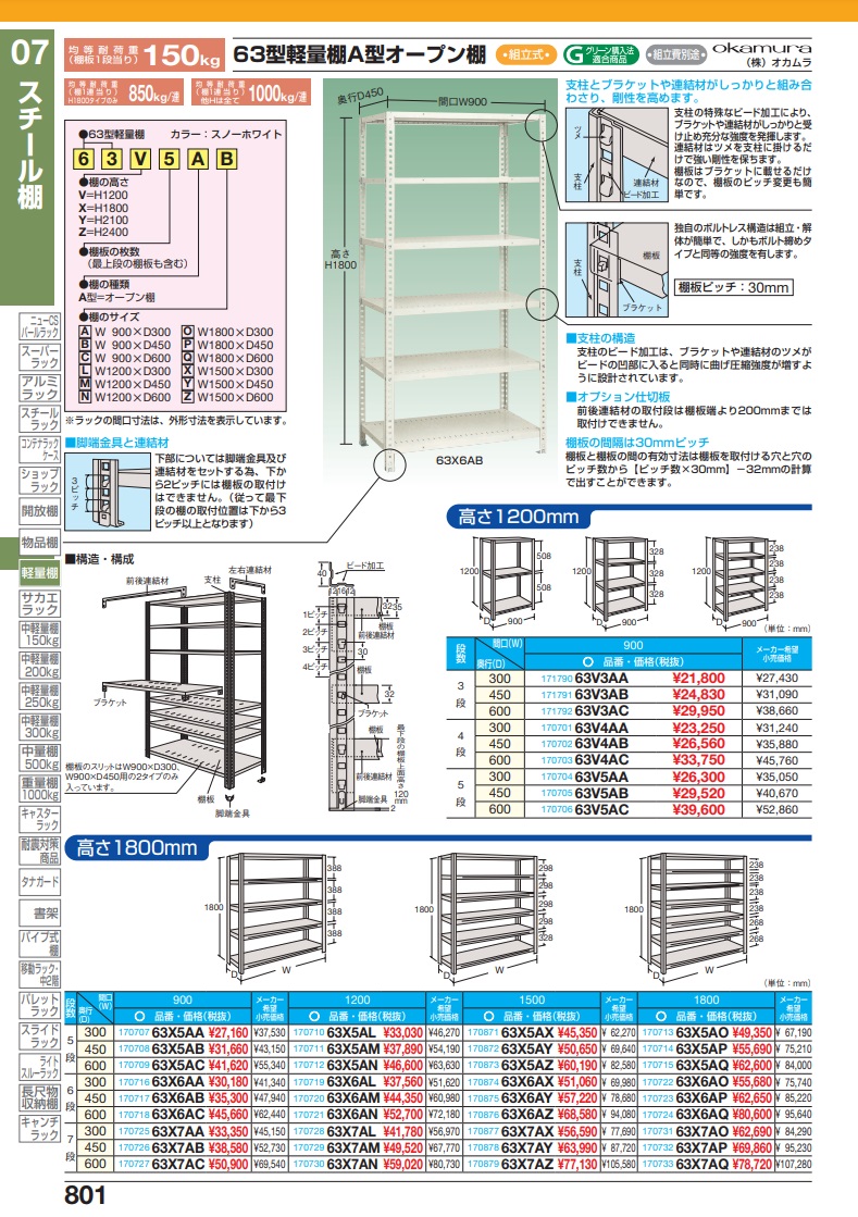 直送品】 サカエ ６３型軽量棚 Ａ型オープン棚 63X5AQ (170715) 【特大