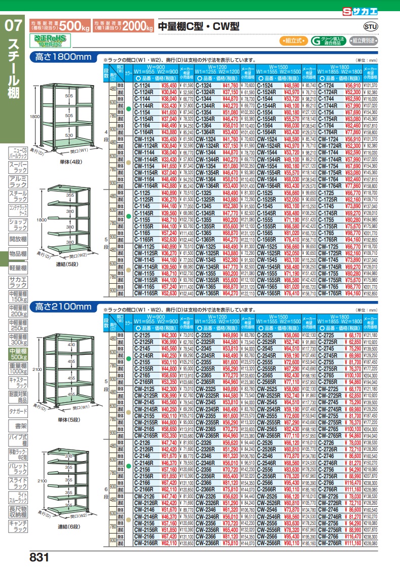 直送品】 サカエ 中量棚Ｃ型（５００ｋｇ／段・単体・Ｈ１８００ｍｍ