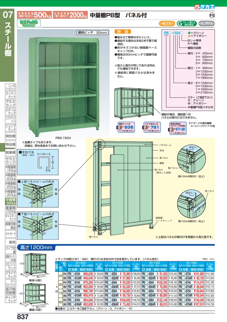 直送品】 サカエ 中量棚ＰＢＷ型パネル付（５００ｋｇ／段・単体・４段