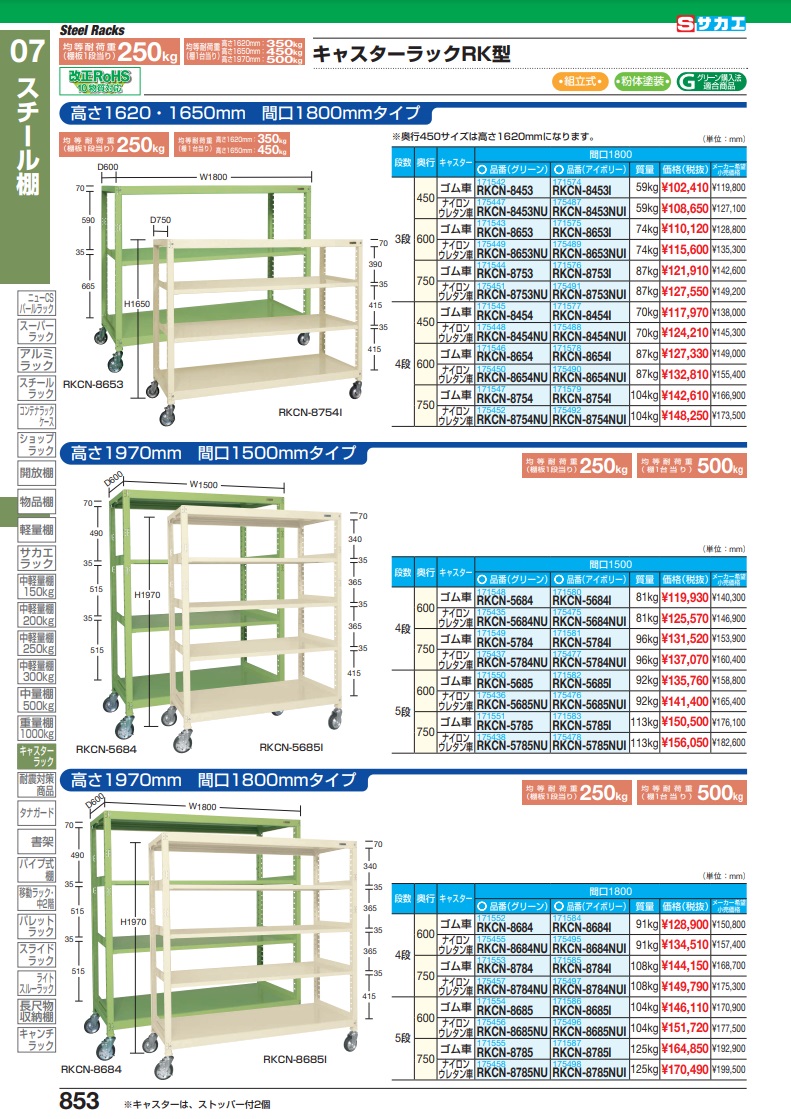 直送品】 サカエ キャスターラックＲＫ型 RKCN-8653I (171575) 【大型