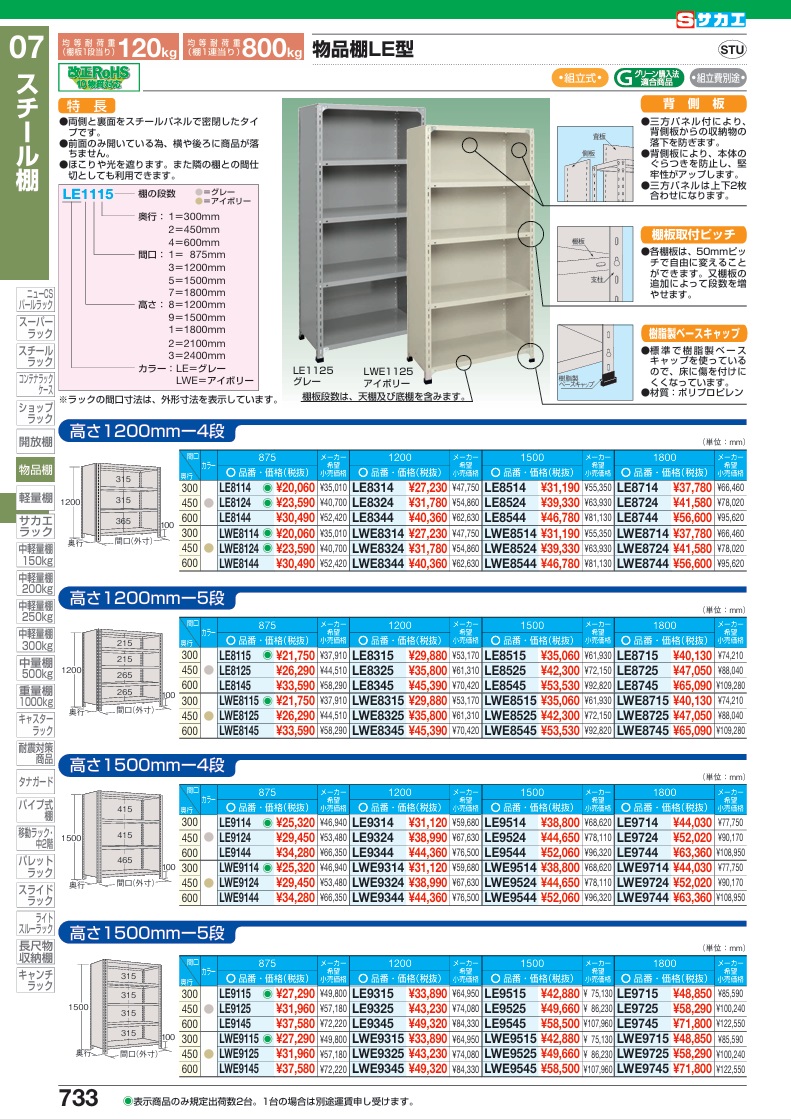 サカエ 物品棚LE型(120KG/段・高さ1200MM・4段タイプ) LE8324
