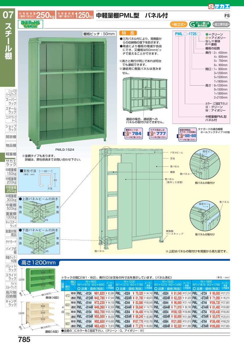 【直送品】 サカエ 中軽量棚PMLW型パネル付(250KG/段・単体・4段) PMLW-8524 (197444) 【特大・送料別】の画像