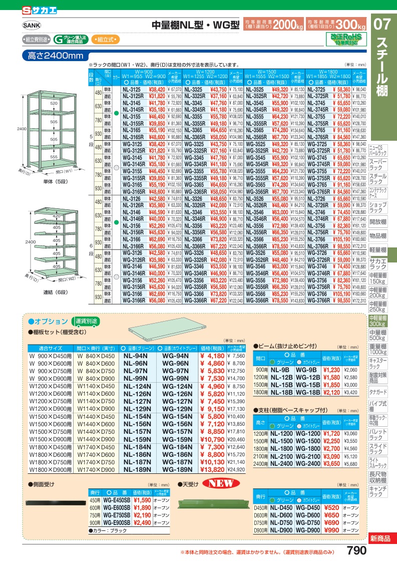 【直送品】 サカエ 中量棚NL型(300KG/段・連結・高さ2400MM・6段) NL-3756R (172300) 【特大・送料別】の画像