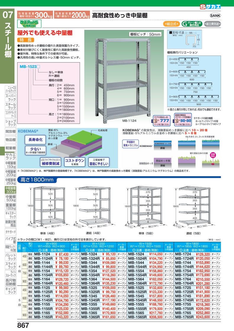 直送品】 サカエ 中量棚B型(500KG/段・単体・H2100MM・6段仕様
