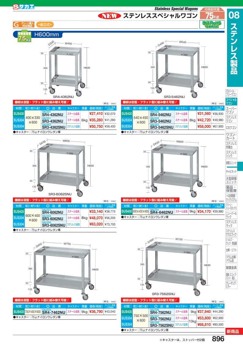 直送品】 サカエ ステンレススペシャルワゴン(移動式)SUS304 SR3 