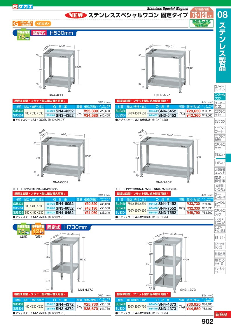 【直送品】 サカエ ステンレススペシャルワゴン(固定式)SUS304 SN3-7552 (084464) 【大型】の画像