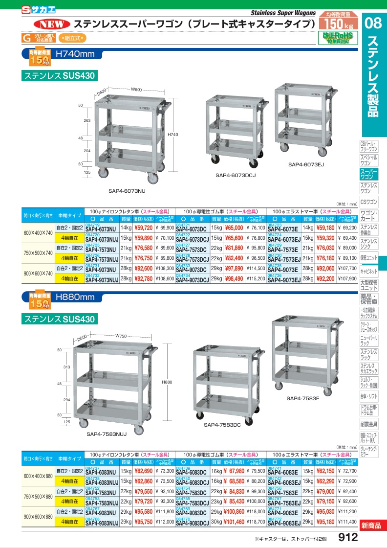 【直送品】 サカエ ステンレススーパーワゴン(プレート式)SUS430 SAP4-7573E (084729) 【大型】の画像
