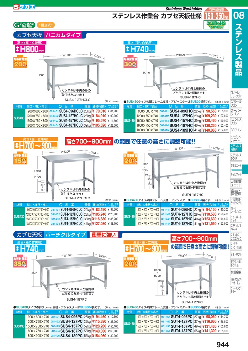 【直送品】 サカエ ステンレス作業台(ステンレスカブセ天板) SUS4-096HC (081411) 【大型】の画像