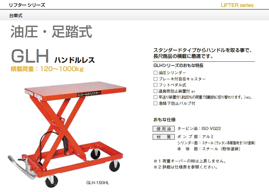 直送品】 東正車輌 ゴールドリフター GLH-150HL ハンドルレス 《台車式 