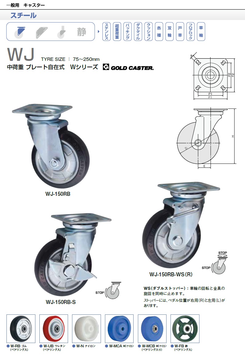 東正車輌 ゴールドキャスター WJ-150RB-S プレート自在式 ストッパー付