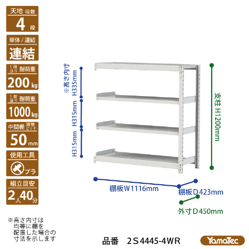 【直送品】 山金工業 ボルトレス軽中量ラック 200kg/段 連結 2S4445-4WR 【大型】_1